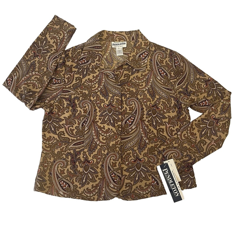 NWT Pendleton Blouse Womens 14 Brown‎ Paisley Button Up Polyester Brownstone Top